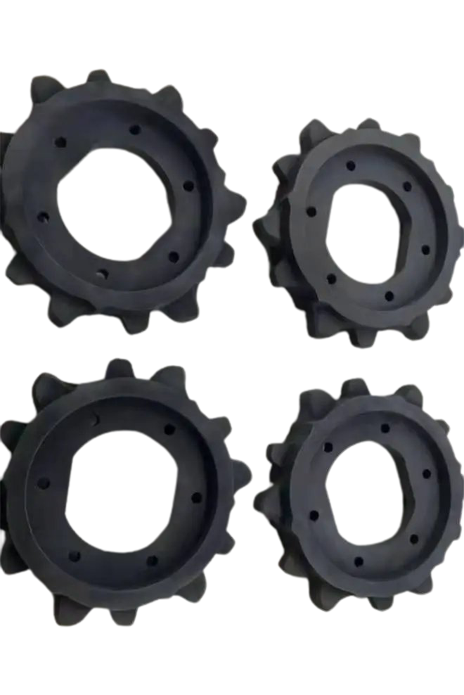 A group of four black plastic wheels with one on top.