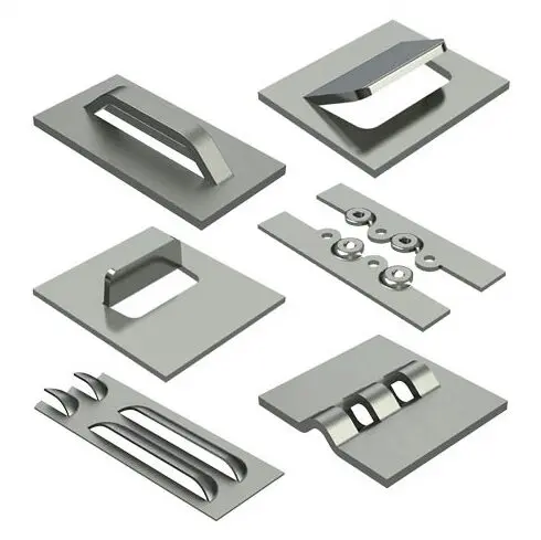 A set of six different metal parts.